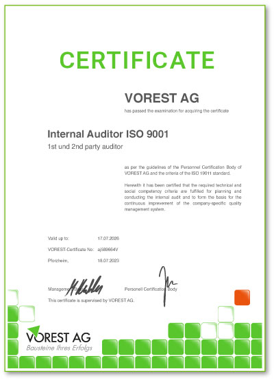 englischsprachiges Qualitätsmanagement Zertifikat einer ISO 9001 Ausbildung bei der VOREST AG