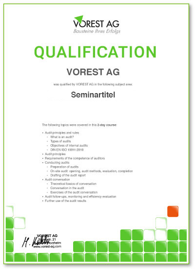 englischsprachige Qualifikationsbescheinigung der NIS-2 Online Schulung der VOREST AG